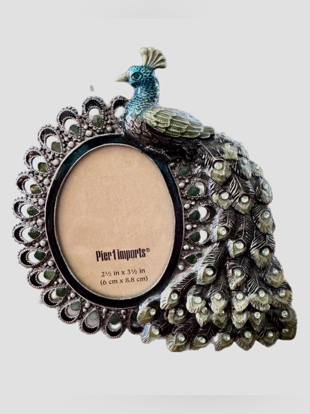 Pier 1 Imports Peacock Picture Frame Enameled Rhinestone Oval Decor 2.5 x 3.5